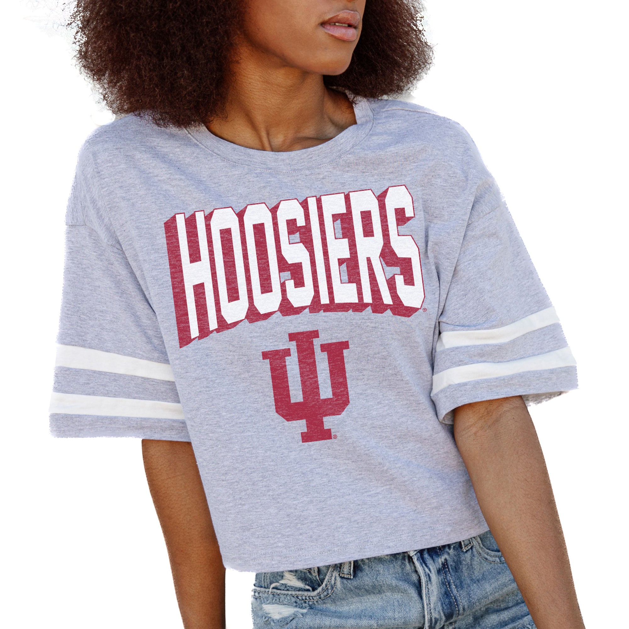 Women's Gameday Couture Gray Indiana Hoosiers No Shortcuts Drop Shoulder Sleeve Stripe Cropped T-Shirt