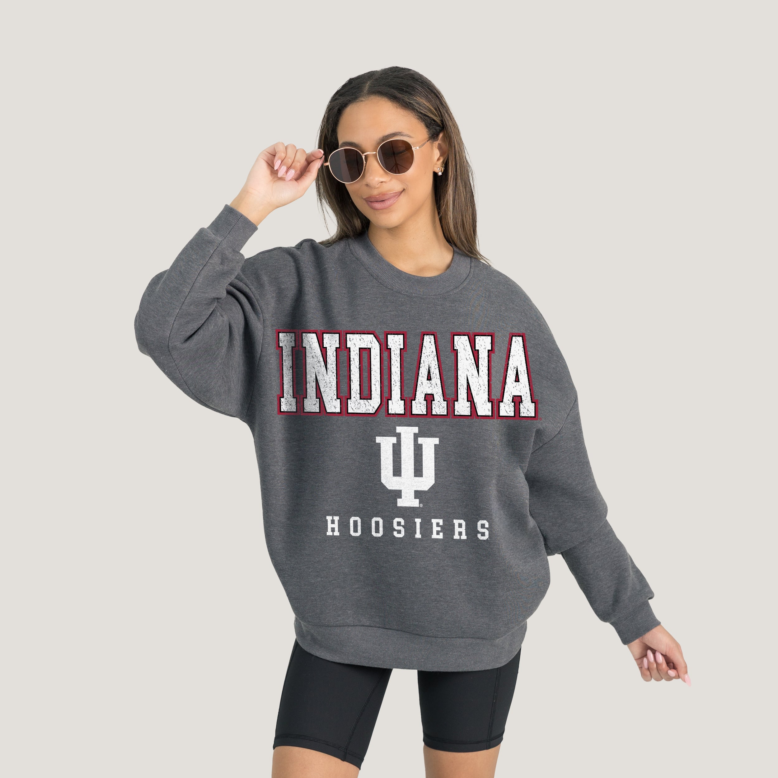 Indiana Hoosiers Gameday Couture Women's Oversized Distressed Fleece Pullover Sweatshirt - Heather Charcoal