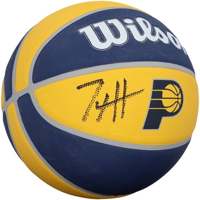 Tyrese Haliburton Indiana Pacers Autographed Fanatics Authentic Wilson Tribute Yellow/Blue Team Logo Basketball