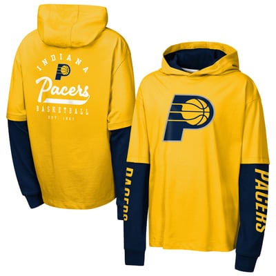 Indiana Pacers Outerstuff Youth Double Nickel Oversized Faux 2fer Hooded T-Shirt - Gold
