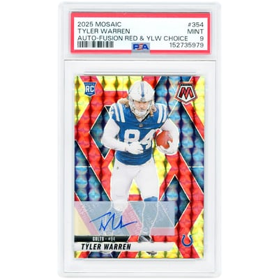 Tyler Warren Indianapolis Colts Autographed 2025 Panini Mosaic Red & Yellow Choice Prizm #354 PSA Authenticated 9 Rookie Card