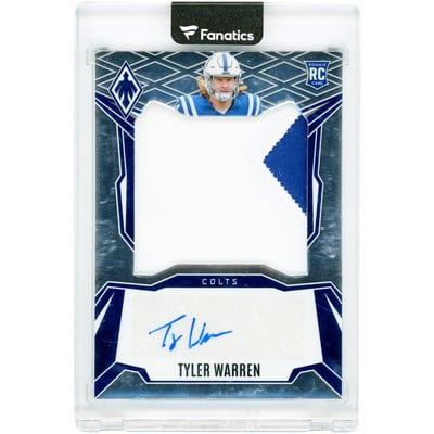 Tyler Warren Indianapolis Colts Autographed 2025 Panini Phoenix Rookie Patch Dual-Color Jersey Relic #RPS-TWN #25/199 Rookie Card
