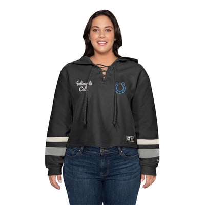 Indianapolis Colts New Era Women's Plus Size Throwback Cropped Lace-Up Hoodie - Black