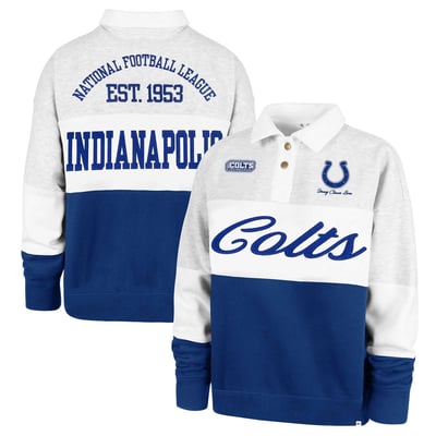 Indianapolis Colts Stoney Clover Lane x '47 Women's Cursive Paneled Rugby Fleece Shirt - Gray/Royal