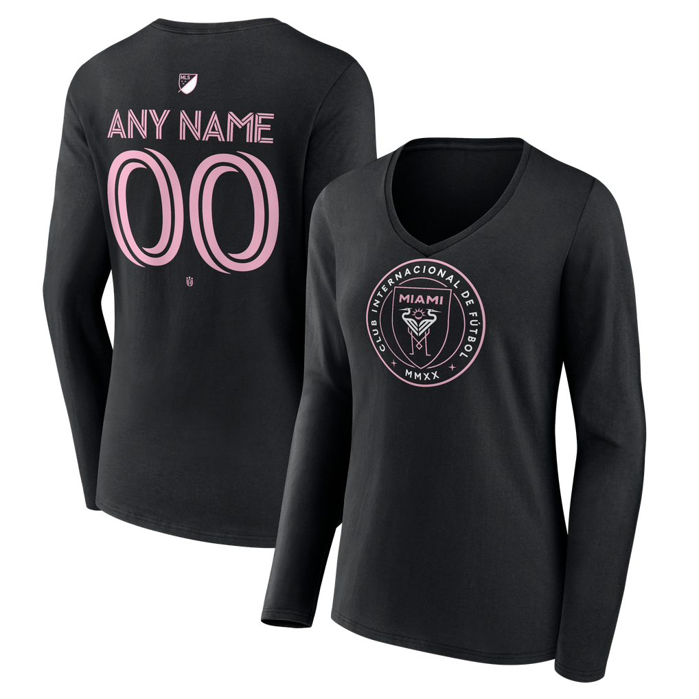 Inter Miami CF Women's Authentic Stack Personalized Any Name & Number Long Sleeve V-Neck T-Shirt - Black