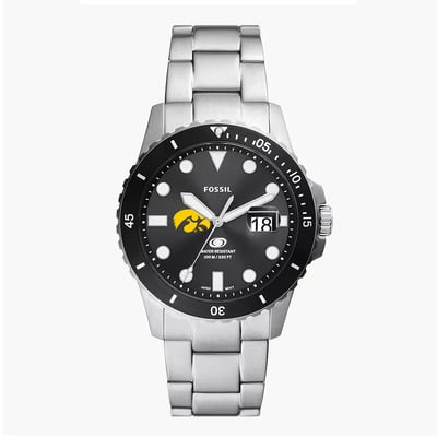 Iowa Hawkeyes Fossil Blue Dive Three-Hand Date Stainless Steel Watch - Silver