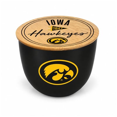 Iowa Hawkeyes Pegasus Script Circle Wood Top 16oz. Ceramic Candle