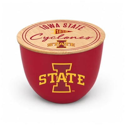 Iowa State Cyclones Pegasus Script Circle Wood Top 16oz. Ceramic Candle