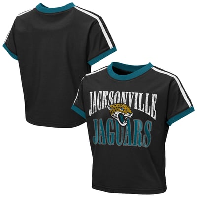  Jacksonville Jaguars WEAR by Erin Andrews Girls Youth  Cropped Hail Mary Ringer Baby T-Shirt - Black