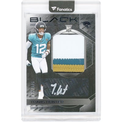 Travis Hunter Jacksonville Jaguars Autographed 2025 Panini Black Rookie Patch Tri-Color Jersey Relic Autograph Silver Ink #RKPA-THR #38/125 Rookie Card 