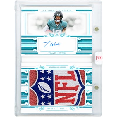 Travis Hunter Jacksonville Jaguars Autographed 2025 Panini National Treasures Rookie Jumbo Prime Signature Booklet NFL Crest Football Relic #RJPS-THR #6/10 Rookie Card 
