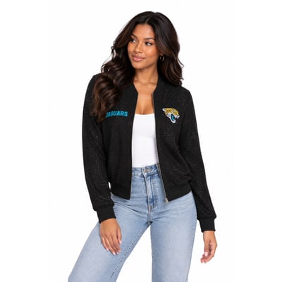 Jacksonville Jaguars FABGATING by Cuce Women's Crystal Full-Zip Bomber Jacket - Black