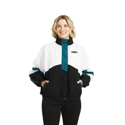  Jacksonville Jaguars WEAR by Erin Andrews Women's Throwback Crinkle Full-Zip Hooded Windbreaker Jacket - White/Black