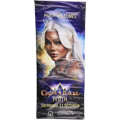 Jade Cargill WWE Event-Used 84" x 36" 2025 Crown Jewel Street Banner - Hung in Downtown Perth