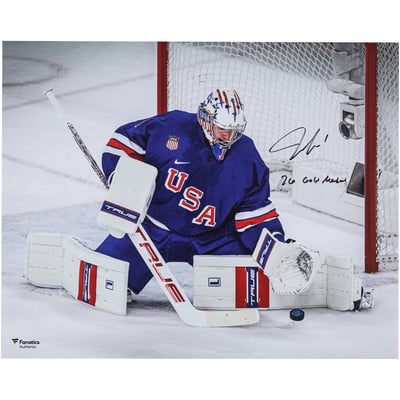 Jeremy Swayman Team USA Autographed Fanatics Authentic 16" x 20" 2026 Winter Olympics Gold Medal Winner Photograph with "26 Gold Medal" Inscription