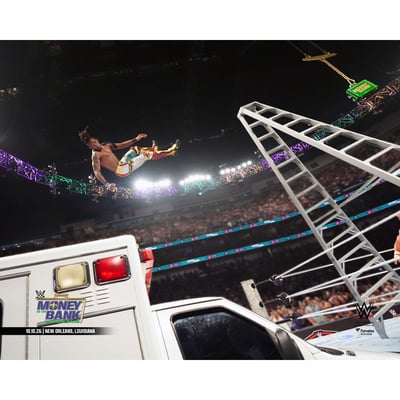 Je'Von Evans WWE Unsigned Fanatics Authentic Money in the Bank 2026 Falling onto Ambulance Photograph