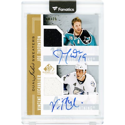 Joe Thornton & Vincent Lecavalier Autographed 2007-08 Upper Deck SP Game Used Dual Inked Sweaters Game Used Dual-Color Relics #IS2-LT #8/25 Card