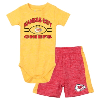 Kansas City Chiefs Wes & Willy Infant Cloudy Yard Hopper Bodysuit & Shorts Set - Gold/Red