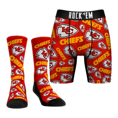  Kansas City Chiefs Rock Em All-Over Logo Underwear and Crew Socks Combo Pack - 