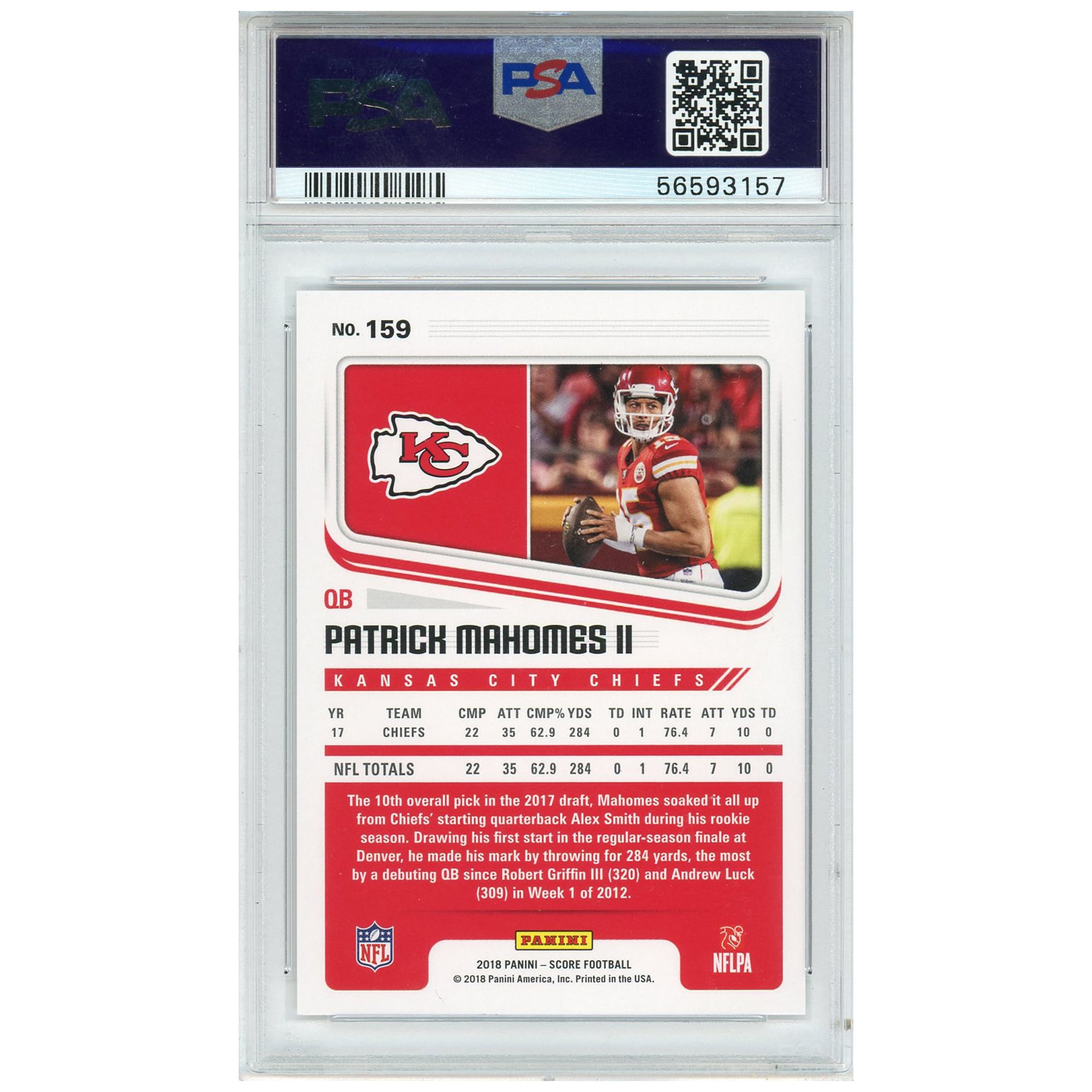 Patrick Mahomes Kansas City Chiefs 2018 Panini Score #159 Card