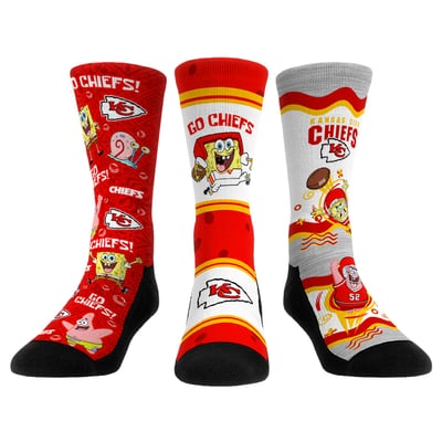  Kansas City Chiefs Rock Em Unisex x Nickelodeon Spongebob Squarepants 3-Pack Crew Socks Set - 