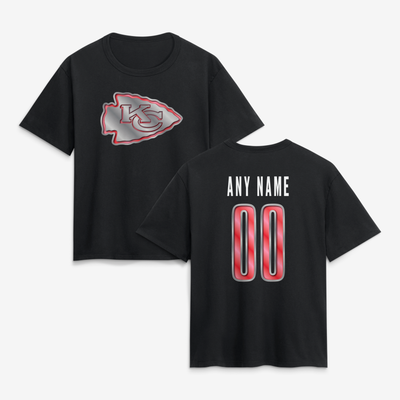 Kansas City Chiefs Women's Metallic Mascot Personalized Name & Number T-Shirt - Black