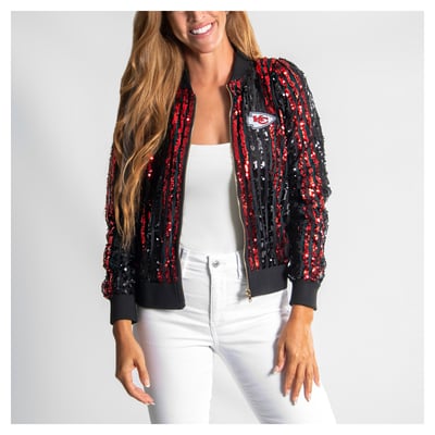  Kansas City Chiefs FABGATING by Cuce Women's Slim Fit Sequin Striped Full-Zip Bomber Jacket - Red