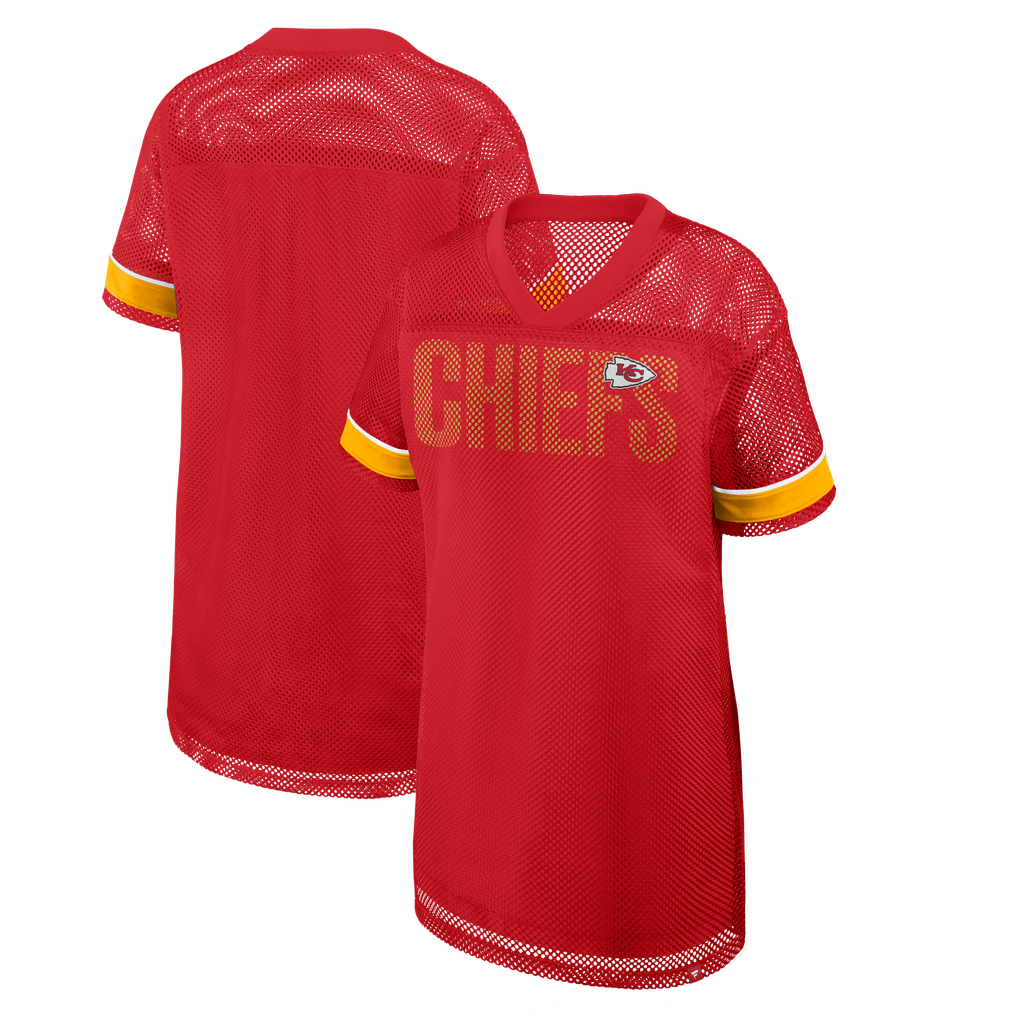 chiefs dresses for ladies Women's Kansas City Fanatics Red Oversized Team First Deep Route Mesh V-Neck Dress ProductID: 115001