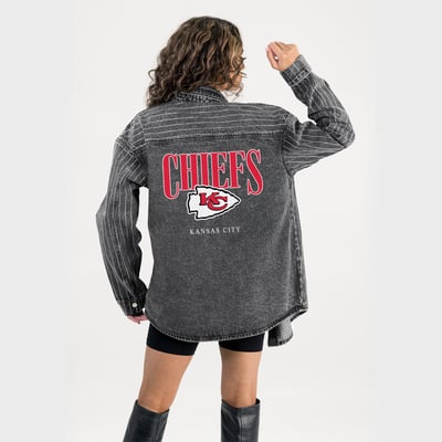  Kansas City Chiefs Gameday Couture Women's End Zone Energy Rhinestone Washed Full-Snap Denim Overshirt - Black