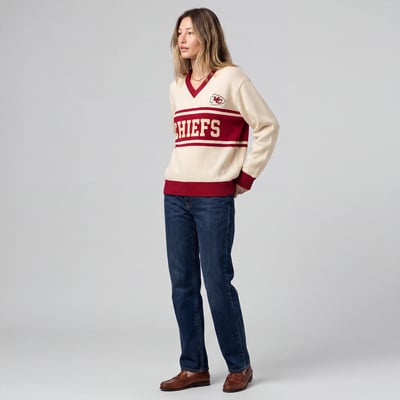 Kansas City Chiefs Mitchell & Ness Women's Retro Roots V-Neck Sweater - Cream/Red