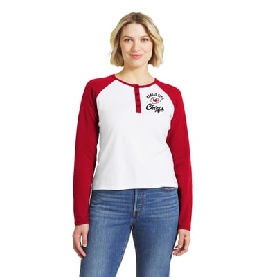  Kansas City Chiefs WEAR by Erin Andrews Women's Henley Long Sleeve Raglan T-Shirt - White/Red