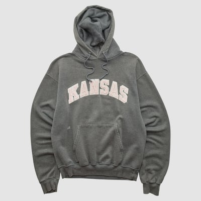 Kansas Jayhawks Champion 2000s Hooded Pullover Sweatshirt - Dark Heather Gray - S by Fanatics Real Vintage