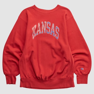 Kansas Jayhawks Champion 90s Pullover Sweatshirt - Red - L by Fanatics Real Vintage