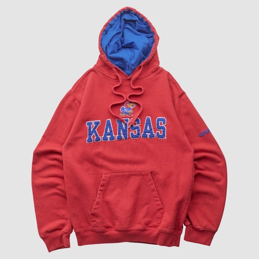 Kansas Jayhawks Old Varsity Brand 2010s Hooded Pullover Sweatshirt - Red - XS by Fanatics Real Vintage