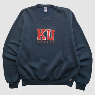Kansas Jayhawks Russell 90s Pullover Sweatshirt - Navy - L by Fanatics Real Vintage