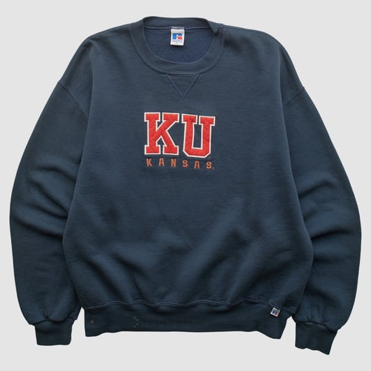 Kansas Jayhawks Russell 90s Pullover Sweatshirt - Navy - L by Fanatics Real Vintage