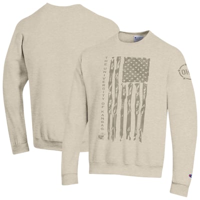  Kansas Jayhawks Champion Operation Hat Trick Flag Fleece Crewneck Sweatshirt - Oatmeal