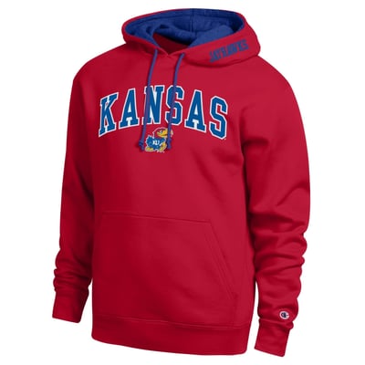  Kansas Jayhawks Champion Arch Tackle Twill Hoodie - Red