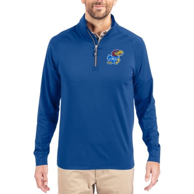  Kansas Jayhawks Cutter & Buck Soft Knit Stretch Raglan Quarter-Zip Pullover - Royal