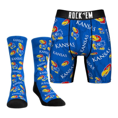  Kansas Jayhawks Rock Em Socks Allover Logo Underwear and Crew Socks Combo Pack - Royal