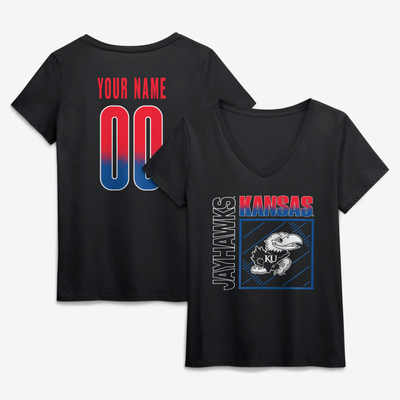 Kansas Jayhawks Women's Home Field Pop Personalized Any Name & Number V-Neck T-Shirt - Black