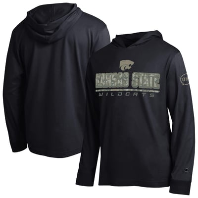  Kansas State Wildcats Champion Operation Hat Trick Camo Script Hooded Long Sleeve T-Shirt - Black