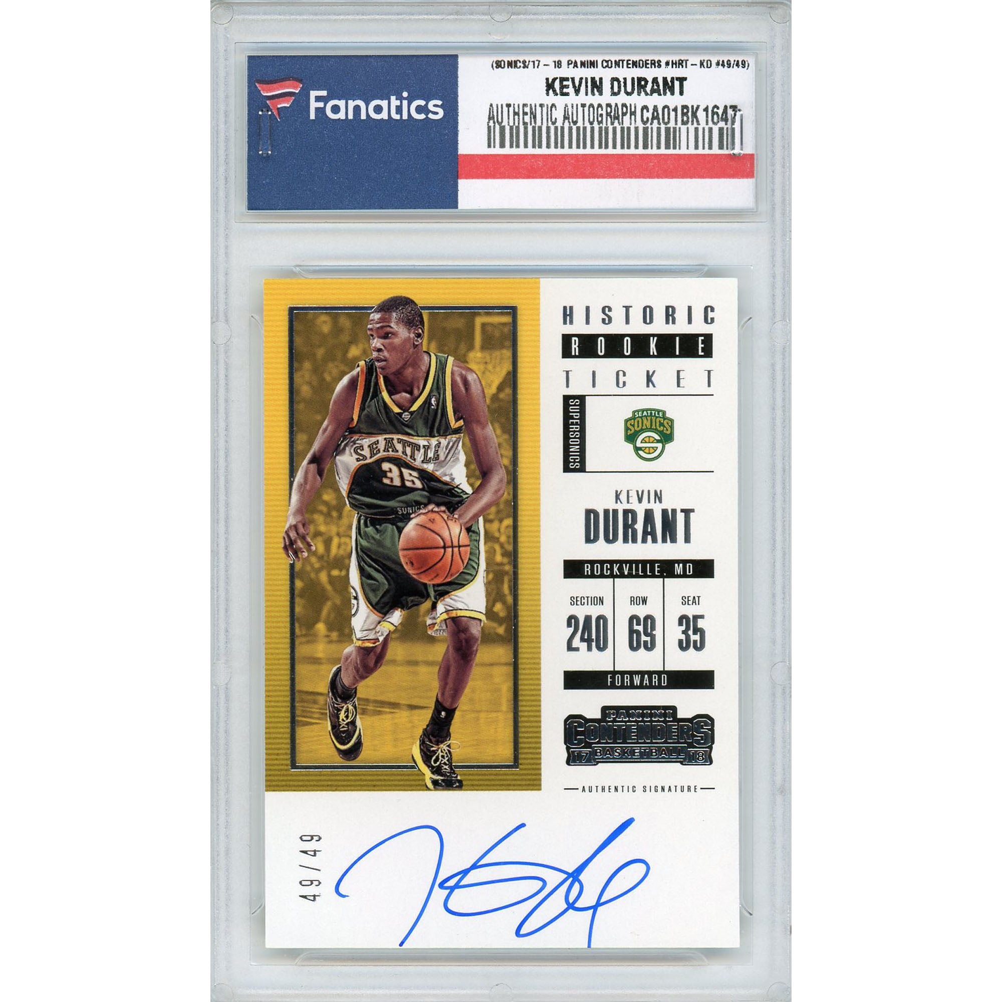 Autographed Seattle SuperSonics Kevin Durant 2017-18 Panini 