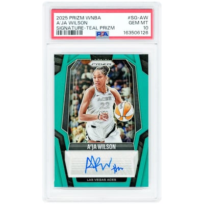 A'ja Wilson Las Vegas Aces Autographed 2025 Panini Prizm WNBA Teal Prizm #SG-AW #26/35 PSA Authenticated 10 Card