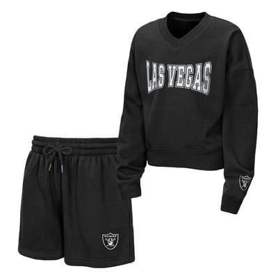  Las Vegas Raiders WEAR by Erin Andrews Girls Youth Red Zone Fleece V-Neck Sweatshirt and Shorts Set - Black