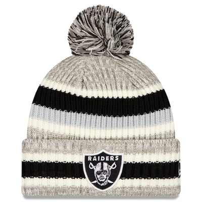 Las Vegas Raiders New Era Stripe Cuff Knit Hat with Pom - Black/Gray