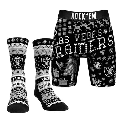 Las Vegas Raiders Rock Em Socks Holiday Tacky Sweater Underwear and Crew Socks Combo Pack