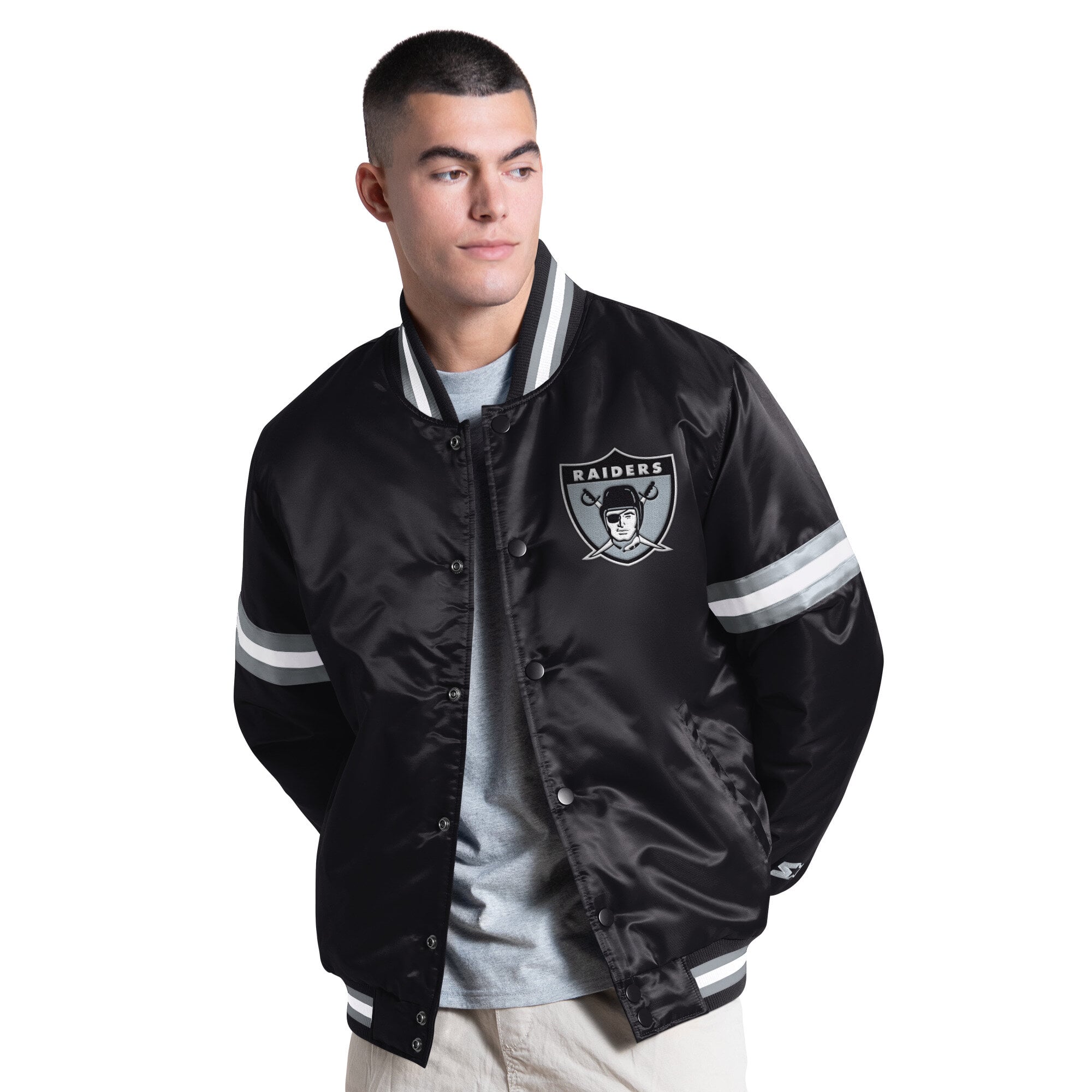 Starter Las Vegas Raiders Black Courtside Varsity Retro Logo Full Snap ...