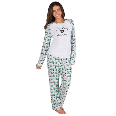 Las Vegas Raiders Concepts Sport Women's Frostbite Allover Print Knit Long Sleeve T-Shirt & Pants Set - White