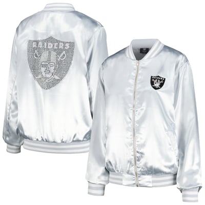  Las Vegas Raiders FABGATING by Cuce Women's Rhinestone Full-Zip Varsity Jacket - Silver